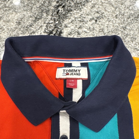 Y2K Tommy Jeans Polo Shirt Men's L Multicolor Vertical Stripe 90s Vintage Cotton - Picture 3 of 16